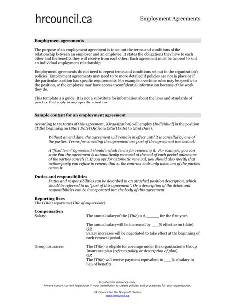 Printable Non Profit Employment Contract Template Doc Example Riccda