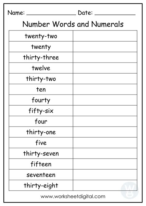 Printable Number Words Worksheet