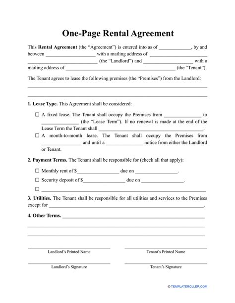 Printable One Page Rental Agreement