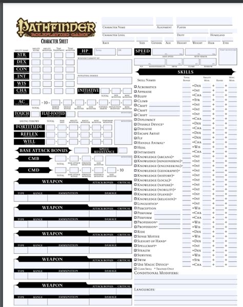 Printable Pathfinder Character Sheet