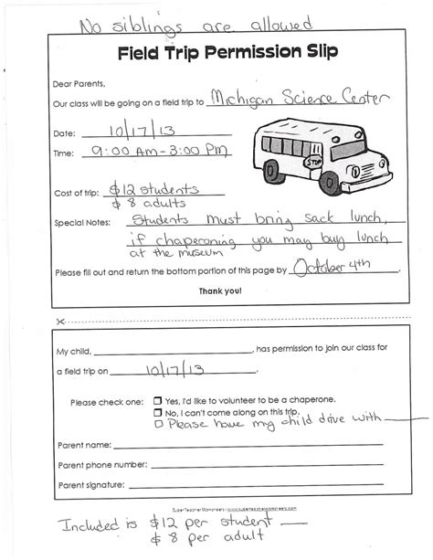 Printable Permission Slips For Field Trips