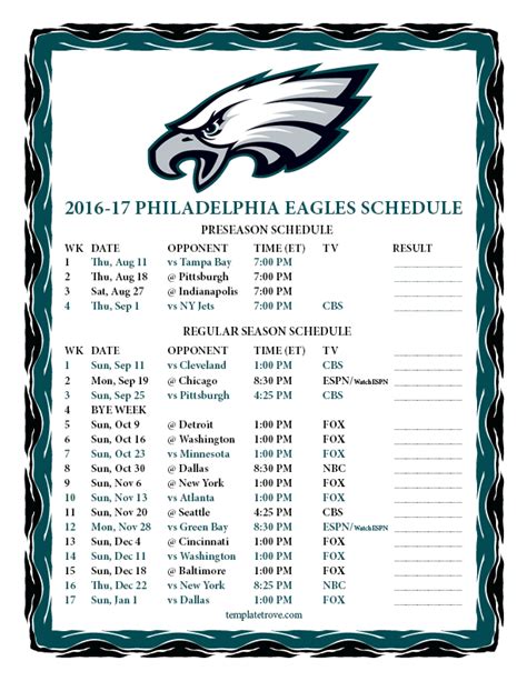 Printable Phila Eagles Schedule