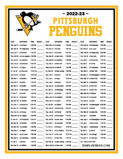 Printable Pittsburgh Penguins Schedule
