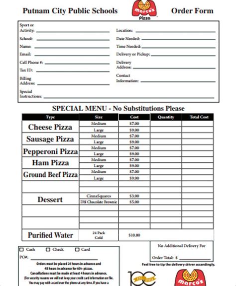 Printable Pizza Order Forms