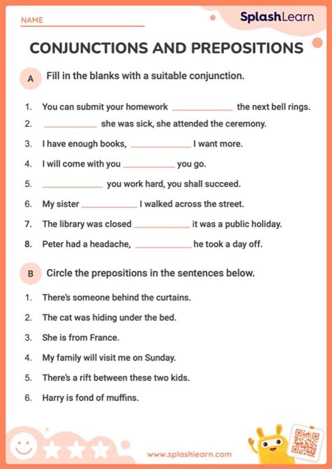 Printable Prepositions and Conjunctions Worksheets Splashlearn