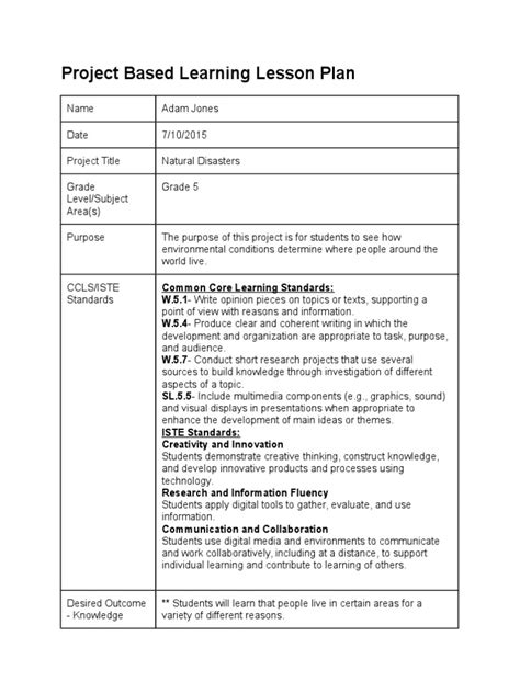 Printable Project Based Learning Lesson Plan Template Printable