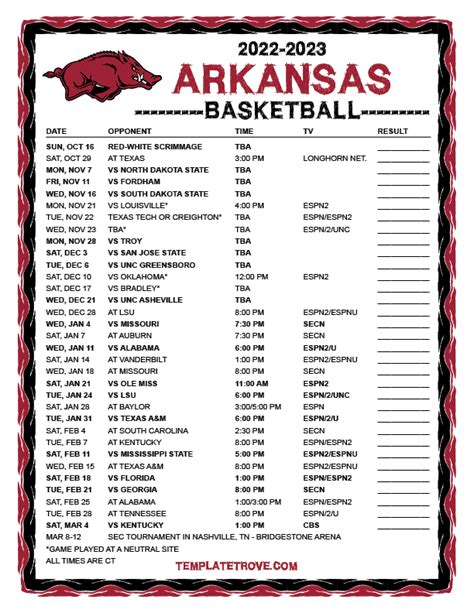 Printable Razorback Basketball Schedule