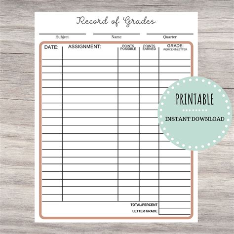 Printable Record Of Grades, Teacher Printable, Grading Book Printable