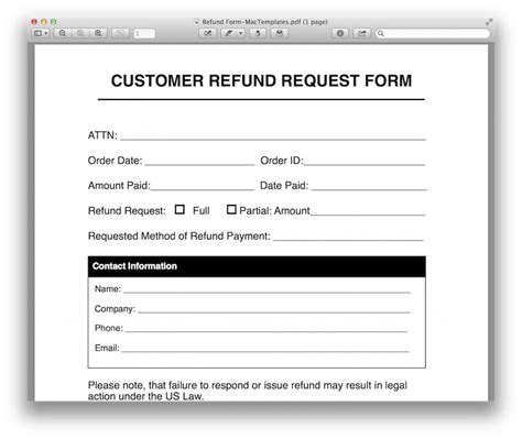 Printable Refund Form Template