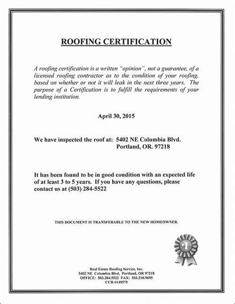 Printable Roofing Certificate Of Completion