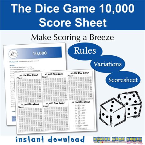 Printable Rules And Score Sheet For The Dice Game 10000 For