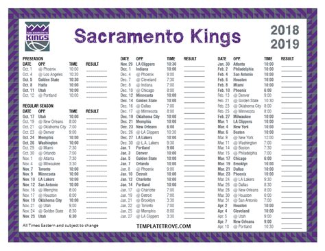 Printable Sacramento Kings Schedule