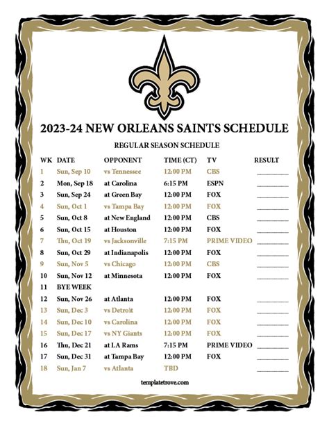 Printable Saints Schedule