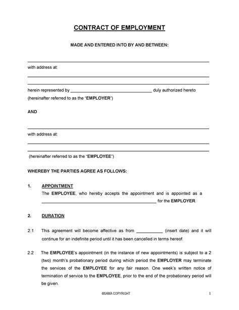 Printable Sample Employment Contract Sample Form Work agreement