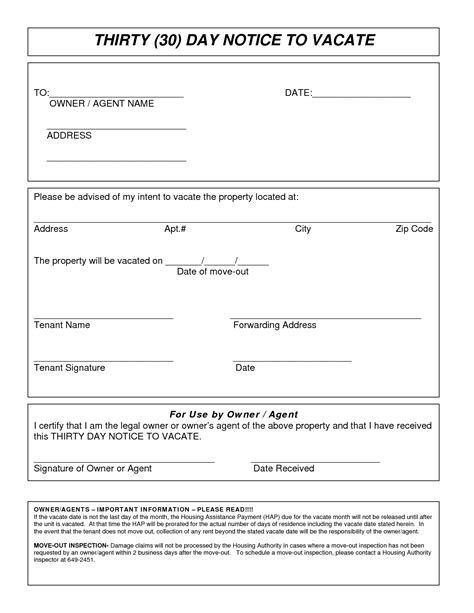Printable Sample Tenant 30 Day Notice To Vacate Form https
