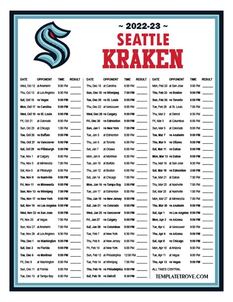 Printable Seattle Kraken Schedule