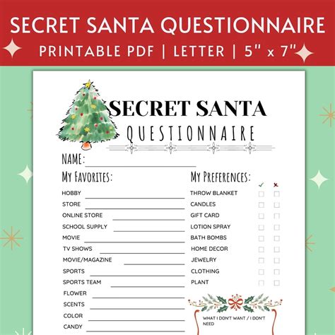 Printable Secret Santa Questionnaire for Christmas Gift