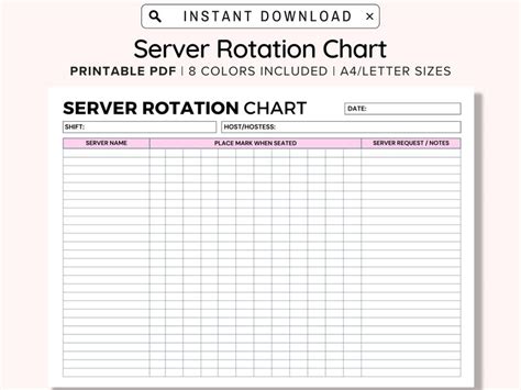 Printable Server Rotation Chart, Server Chart Board, Seating Chart