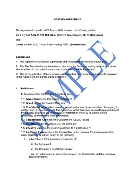 Printable Share Vesting Agreement Free Template Sample Lawpath Founder