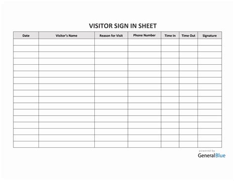 Printable SignIn Sheet PDF Template Employee or Visitor Form