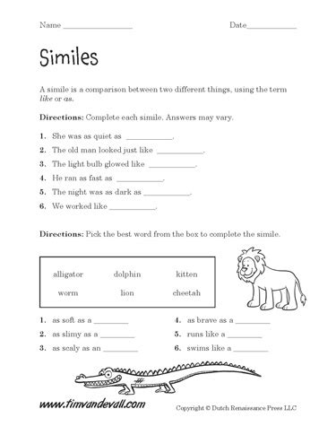Printable Simile Worksheets Language Arts Pdfs