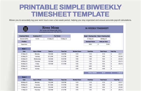 Printable Simple Biweekly Timesheet Template in Excel Google Sheets