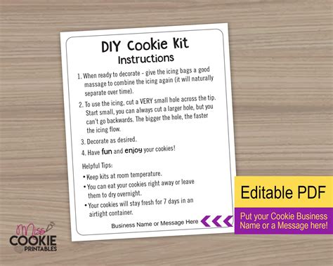 Printable Simple DIY Cookie Kit Instructions Editable Add Your