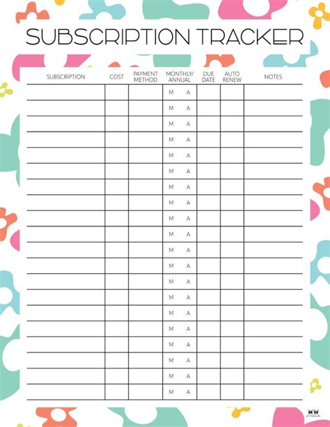 Printable Subscription Tracker