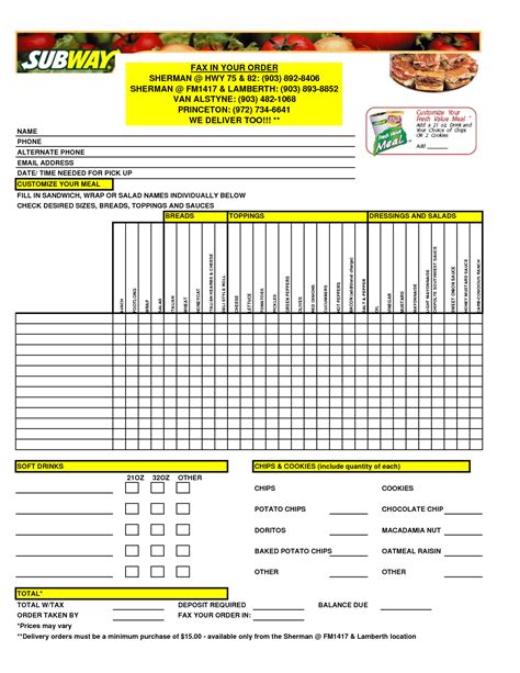 Printable Subway Order Form Customize and Print