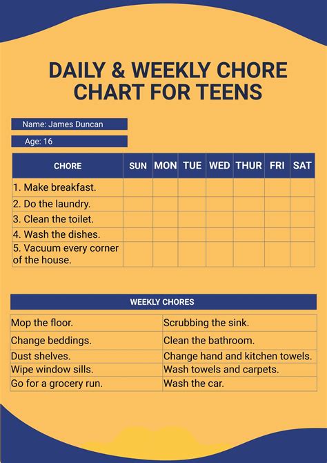 Printable Teenage Chore Chart