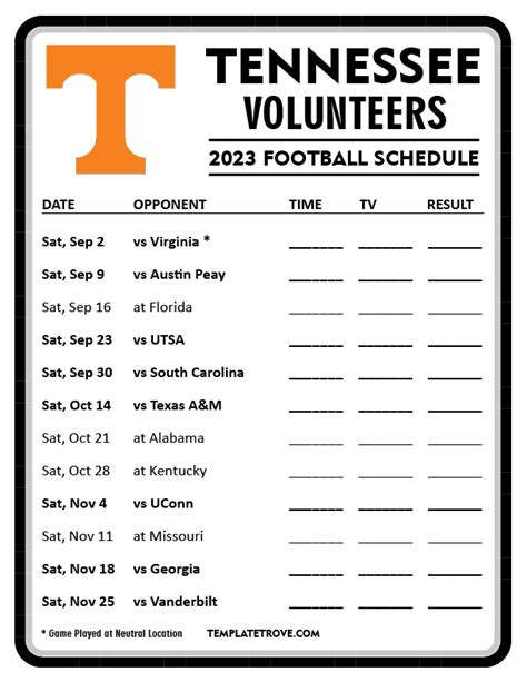 Printable Tennessee Vols Football Schedule