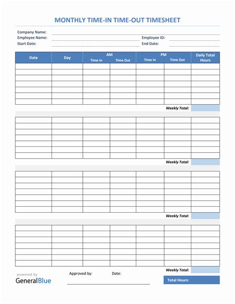 Printable Time In And Time Out Timesheet Word A4