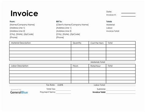 Printable Time and Materials Invoice in Excel (Simple)