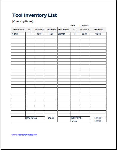 Printable Tool Inventory Template For Excel Excel Templates