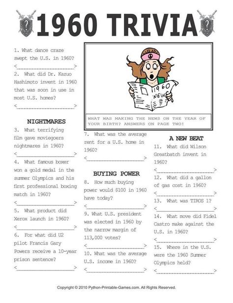 Printable Trivia Questions And Answers Pdf Image result for 1960 trivia questions and answers