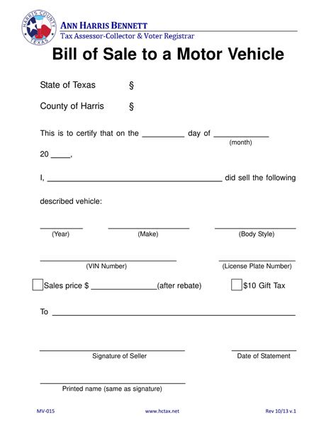 Printable Vehicle Bill Of Sale Texas