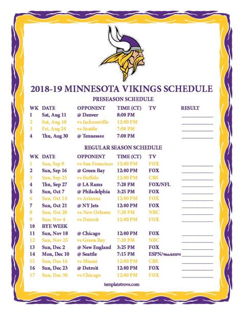 Printable Vikings Schedule