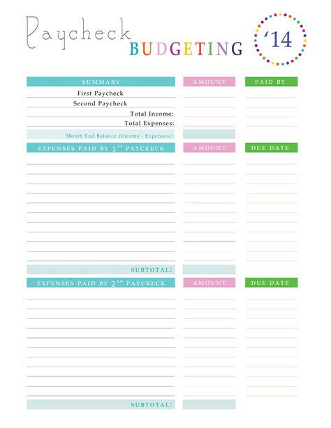 Printable Weekly Paycheck Budget Template
