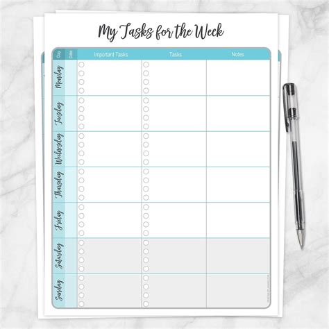 Printable Weekly ToDo List in Turquoise, grid task checklist with