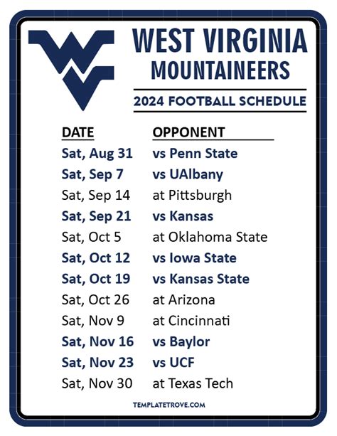 Printable West Virginia Mountaineers Football Schedule 2016 West