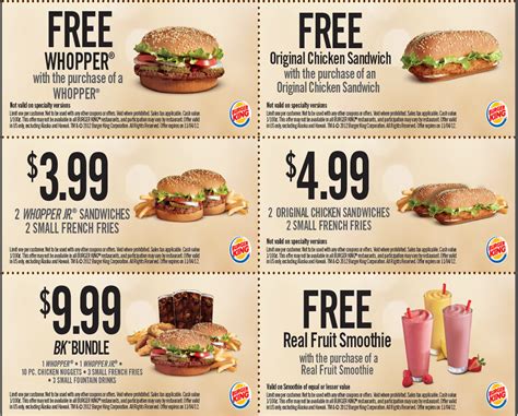 Printable burger king coupons. Burger King offers lots of digital coupons and promos via the app. Just click on the offers tab at the bottom of your screen to view all of the current Burger King coupons and specials. Plus, Burger King’s Royal Perks rewards program allows you to earn 10 Crowns for every $1 spent on orders made at the restaurant or for delivery through the ... 