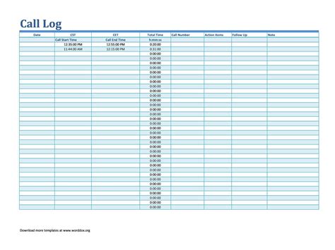Printable call log templates in Excel
