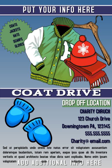 Printable coat drive flyer template free. Create compelling coat drive fundraiser flyers in minutes with easy-to-use tools. Browse through 130+ free coat drive templates and publish online or print. Open accessibility menu. ... videos and social media graphics. Personalize, print and publish online in minutes! 4.8/5 (812 reviews) Read all reviews. Images & Videos 