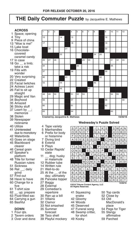 Printable daily commuter crossword. We are excited to present old favorites, like our Daily Crossword and Daily Sudoku, and recently added Word Searches. Enjoy! The Daily Commuter Crossword Puzzle uses straightforward clues to appeal to new puzzle solvers or those with limited time. This crossword offers a quick diversion on the train or bus. 