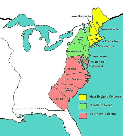 The states that were part of the 13 original colonies are colored red on this 13 colonies map. Source: Wikimedia commons . New England Colonies. First established at Plymouth, Massachusetts by the Pilgrims, the New England Colonies were some of the earliest colonies, and they were primarily populated by British Puritans. Massachusetts. 