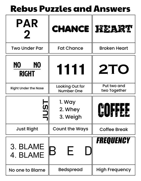 Printable rebus puzzles with answers. Enjoy rebus puzzles that use pictures and words to form phrases and idioms. Find clues in word position, color, size and quantity and print out the solutions if you get stuck. 