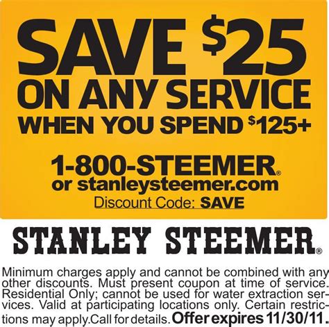WELCOME. Last Saved $32.20. Trending Discount Code - Last worked 10 hours ago on Stanley Steemer. STEEMER. Last Saved $18.39. Promo Code for Stanley Steemer - Last worked 5 hours ago. L56DL. Last Saved $4.80. Promo Code for Stanley Steemer - …. 