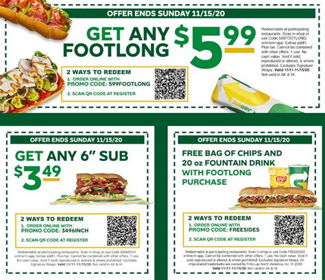 Current Subway Coupon Codes & Deals. Description. Today's Savings. Offer Valid Until. 50% OFF. BOGO 50% Off Wraps. 05/08/2024. $10 OFF. $10 Off Footlongs When You Buy 2.. 
