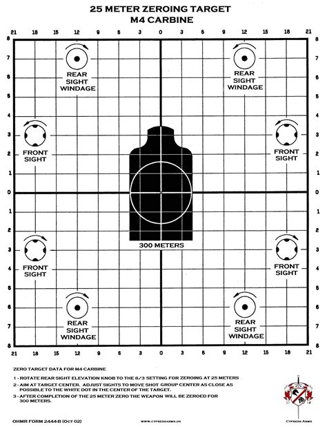 Printable targets for zeroing. 100 Yard Zero Target. Each Square = 1/2 inch. Aim at center dot for all distances: @ 25 yards group should be centered in 1” 25 circle. @ 50 yards group should be centered in 2” 50 circle. @ 100 yards impact should be centered in 4” 100 circle. POINT OF IMPACT ADJUSTMENTS. 