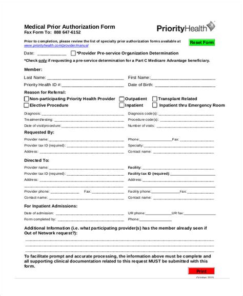 Prior Authorization Form Template Master of Documents